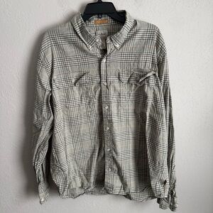 Mens XL L.L. Bean Tan and Green Microplaid Basic Casual Outdoor Button Up Shirt